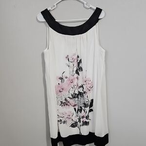 White Midi Dress with Pink Floral and Black Trim